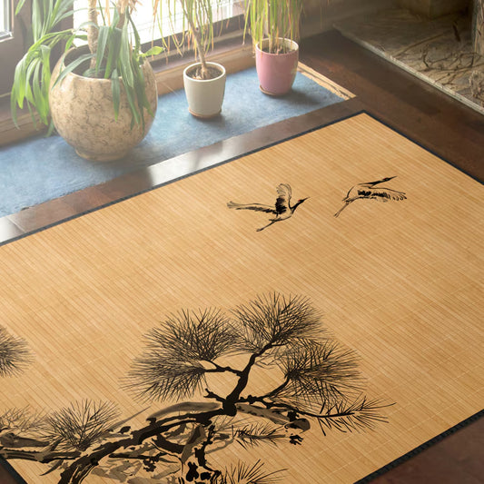 Bamboo Rug - Cranes Illustration in Black and Grey